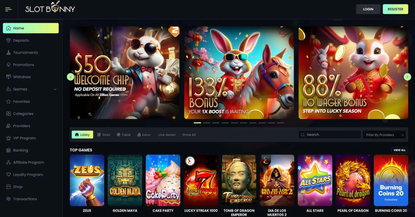 Slot Bunny Casino Australia – 100% first deposit bonus or 50 free spins no deposit