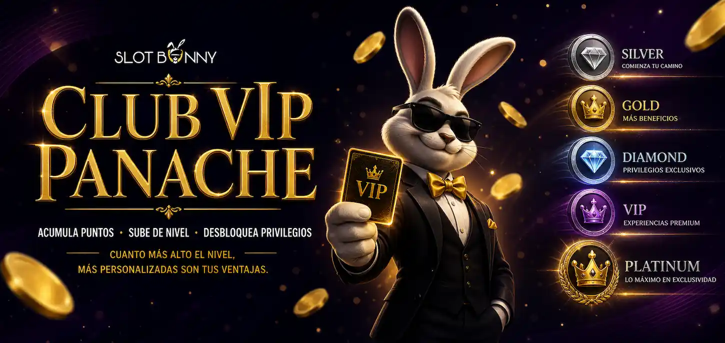 `Banner VIP Panache de Slot Bunny Casino con un conejito elegante, monedas doradas y niveles de fidelidad premium.